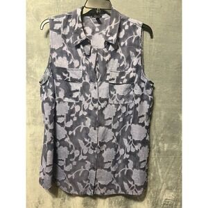 Jones New York 2X Gray Floral Sleeveless Blouse Sheer Button Front 48 Bust